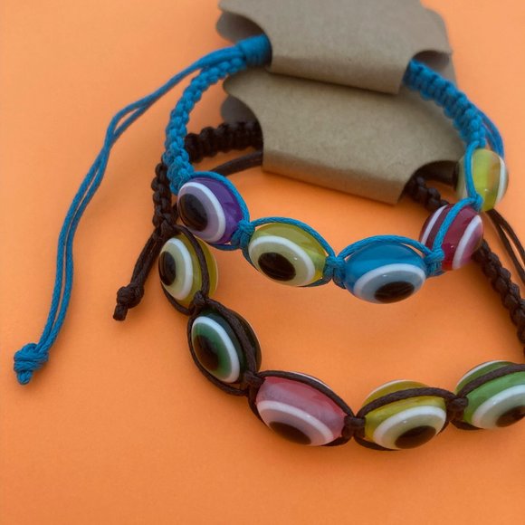 2 Evil Eye Bracelets Black And Blue Braided Cord Rope - Picture 2 of 2